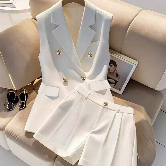 Apricot Elegant Women's Plain Color Blazer, Vest And Shorts Set - Picture 1 of 8